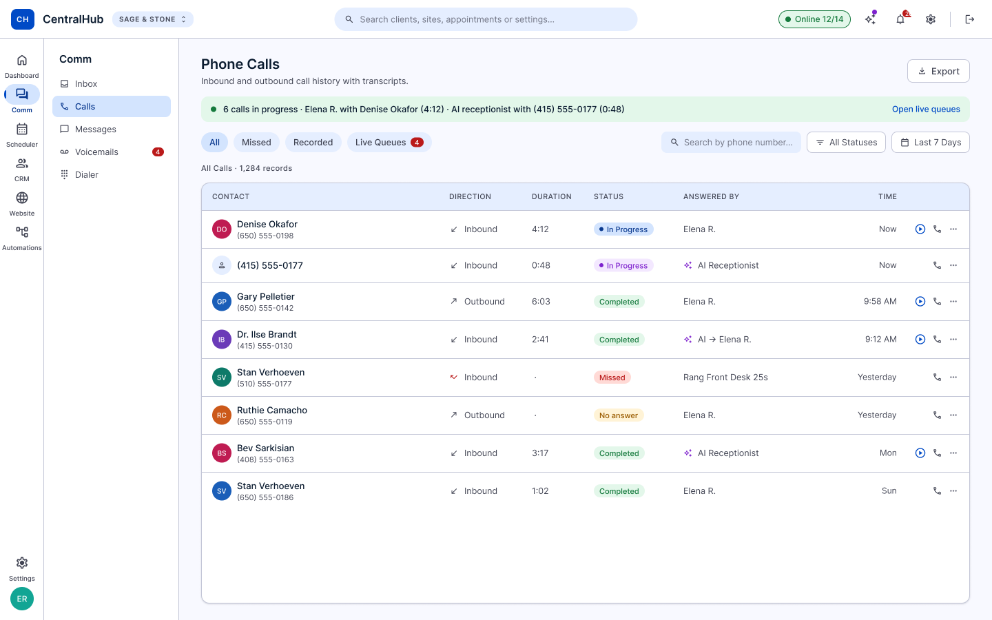 CentralHub calls screen showing the team call log and live queue in a clean light interface
