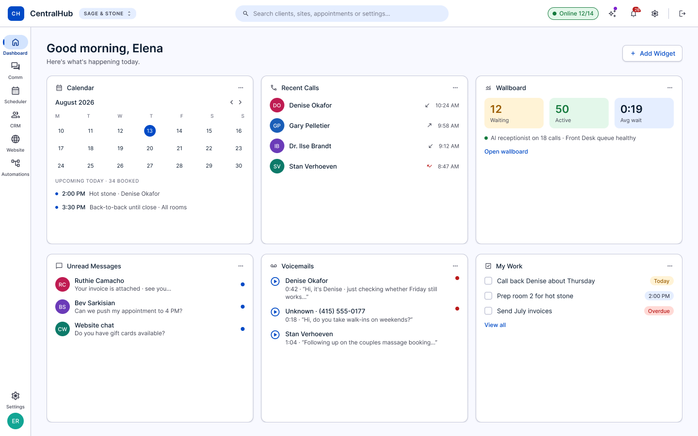 CentralHub dashboard bringing CRM, marketing, phone, and website into a single view