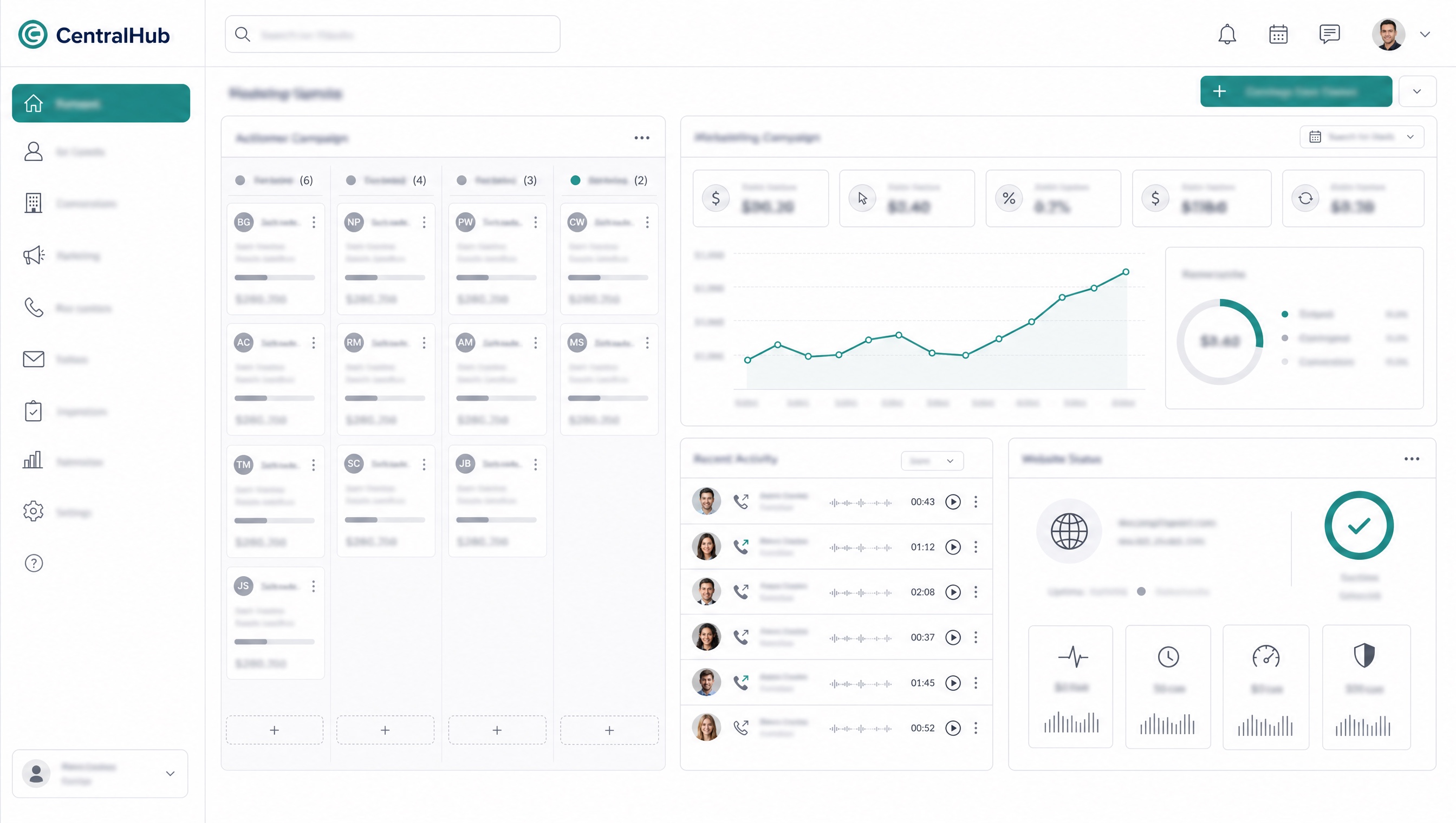 CentralHub CRM board showing people, companies and deals in a clean light interface