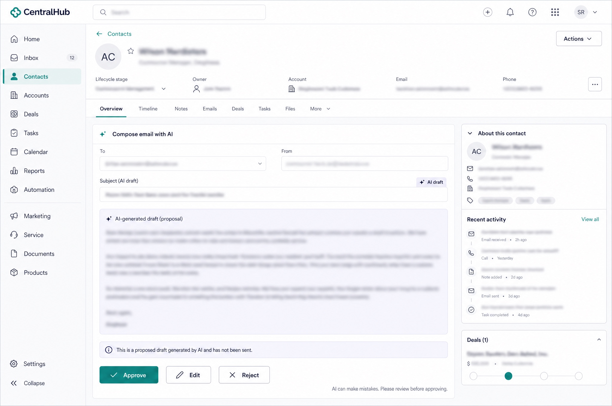 CentralHub AI drafting an email reply inside the CRM, shown in a light interface