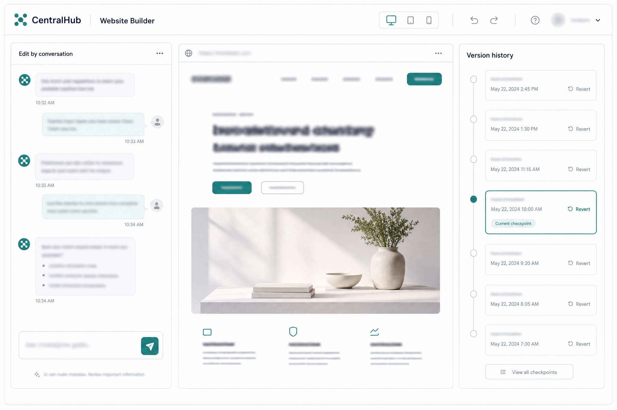 CentralHub website builder with conversational editing and saved version checkpoints