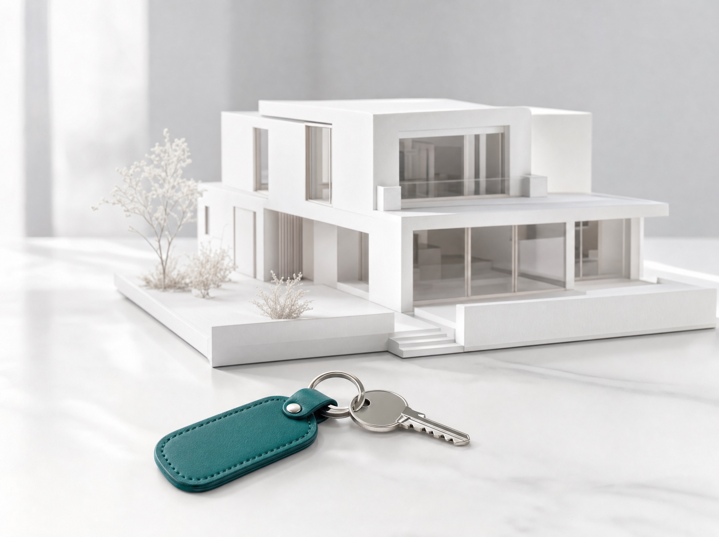 A minimal model home with a key on a teal keyring
