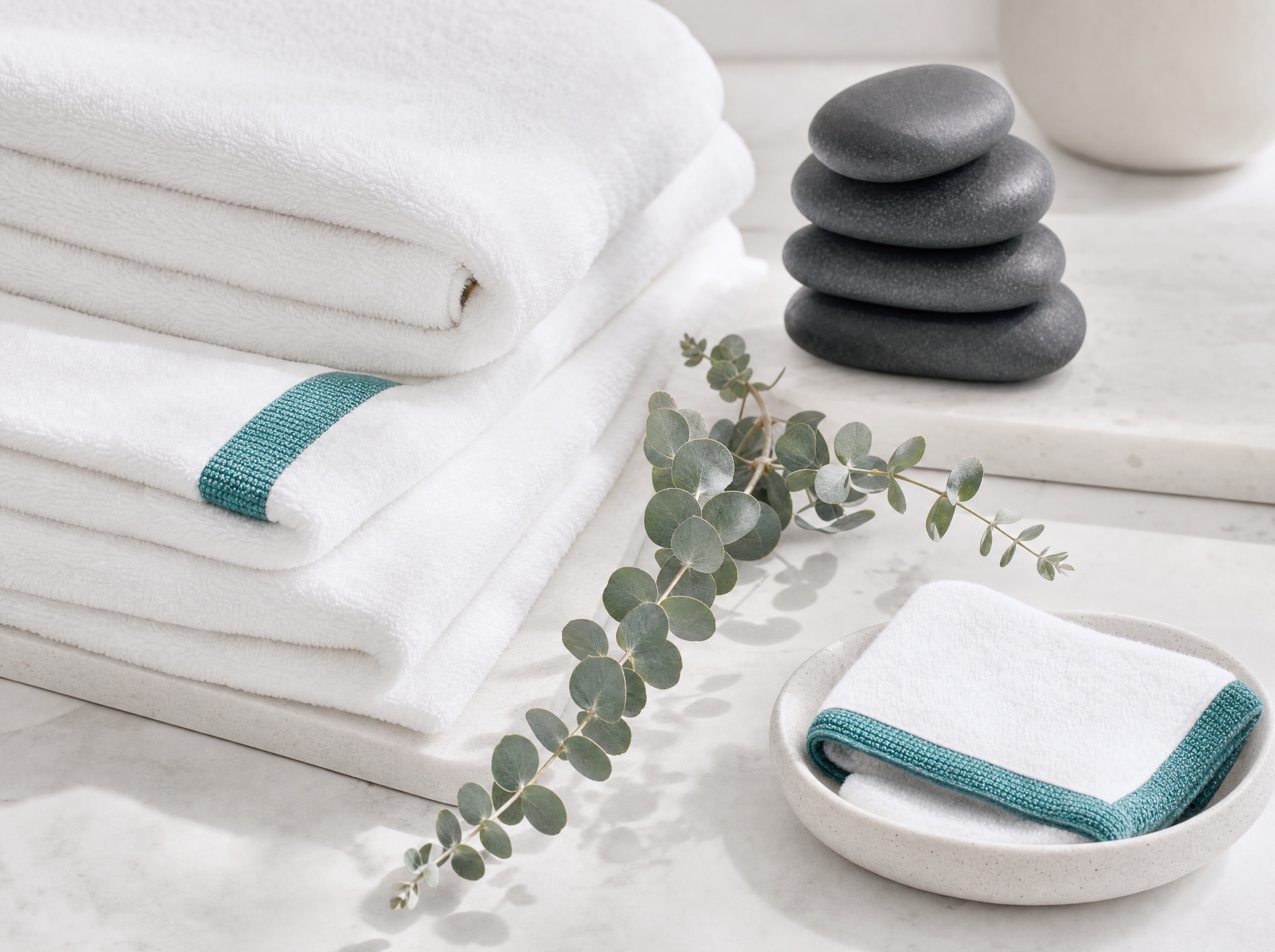 Folded spa towels, basalt stones and eucalyptus